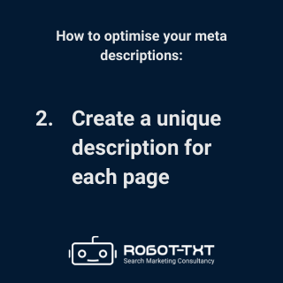 How to optimise meta descriptions – create a unique description for each page. Robot-TXT Search Marketing Consultancy.